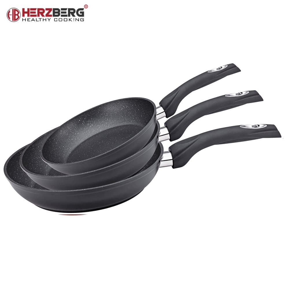 Herzberg 3 delar smidda aluminium stekpanna Set 20/24/28 Svart
