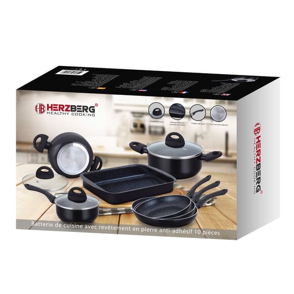 Herzberg HG-5003BK: 8 deler marmor kokekar sett - svart
