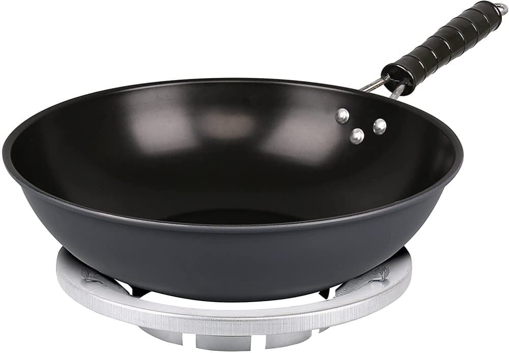 Homiu Non Stick Wok med ställ, 30 cm wokpanna i kolstål med värmebeständigt räfflat handtag