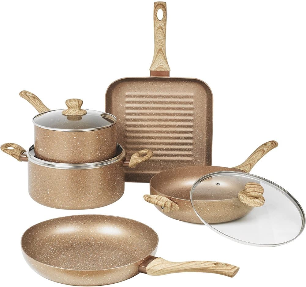 Laxstekpanna och grytset, 8 delar, stenkokkärlsset med lock av härdat glas och reptålig non-stick beläggning, stekpanna, kastrull, gryta, långpanna oc