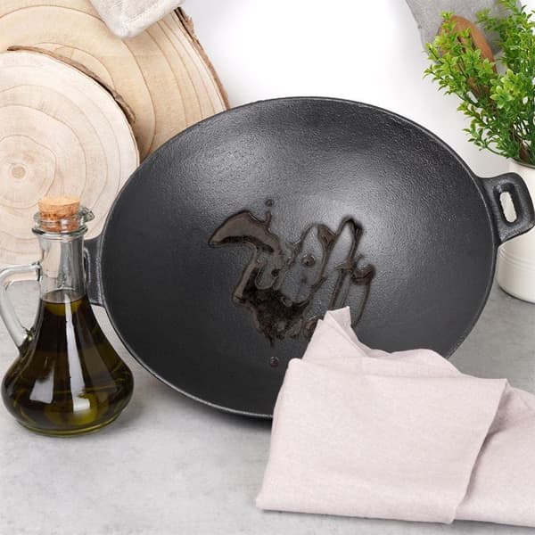 Gjutjärnsstekpanna, wok, gjutjärnsplåt med två handtag, rund, 30 cm