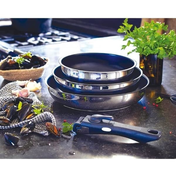 Set med 3 stekpannor - BAUMALU - Comete - 20 / 24 / 28 cm - Avtagbart handtag - Rostfritt stål