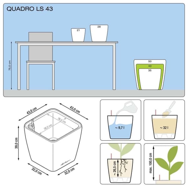 LECHUZA plantekrukke Quadro 43 LS ALL-IN-ONE trækul 16183