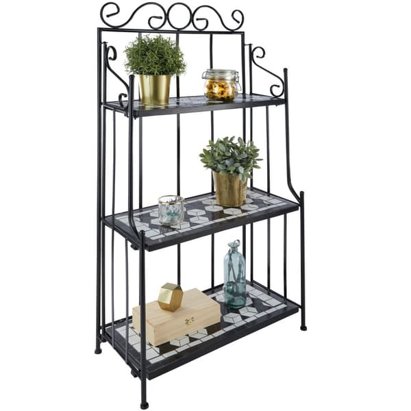 Plantehylde med mosaik, 3 hylder - sort/hvid
