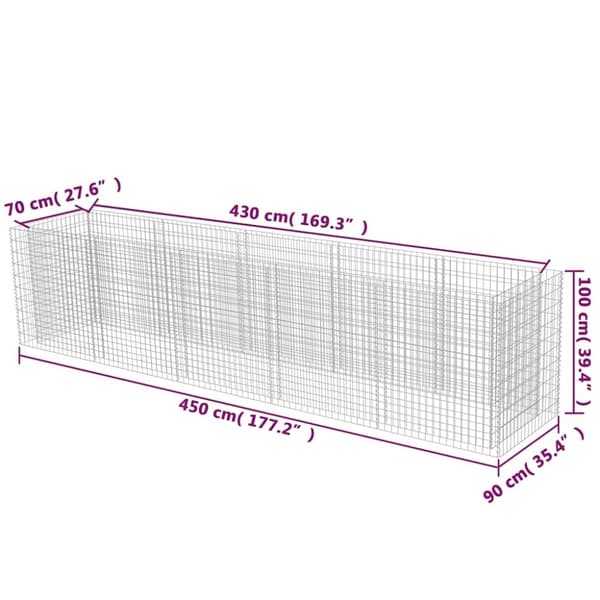 vidaXL Planteringsgabion upphöjd galvaniserat stål 450x90x100 cm