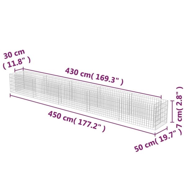 vidaXL Planteringsgabion upphöjd galvaniserat stål 450x50x50 cm
