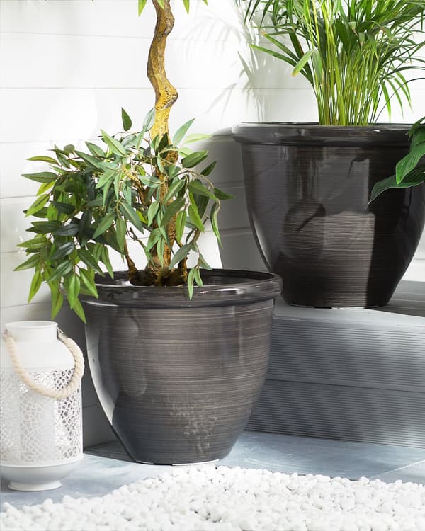 Plantekrukke Plantevogn Solid brun stenblanding Polyresin Højglans udendørs modstandsdygtighed Rund ø 44 cm