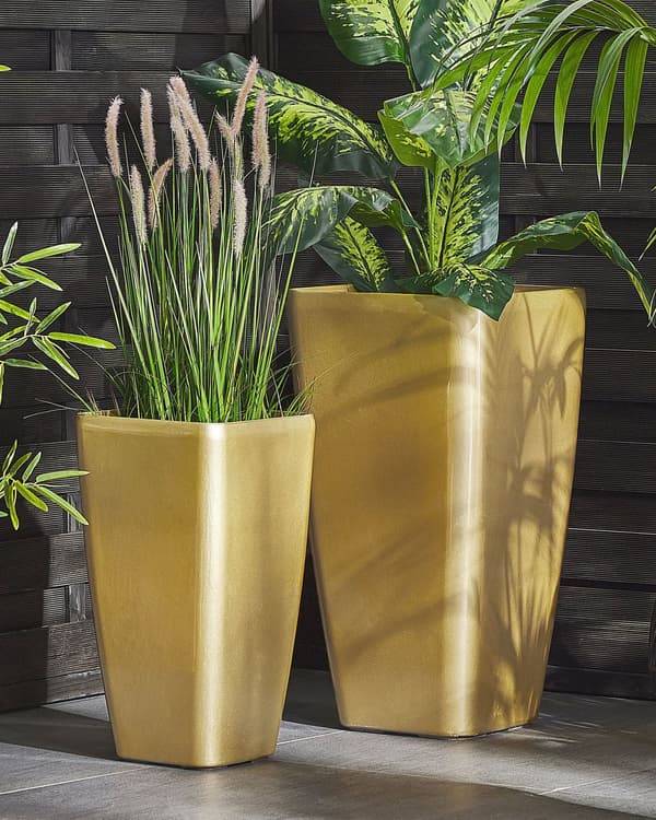 Plantekrukke Guld Stenblanding 40 / 76 cm Høj Firkantet Blomsterkrukke Udendørs Design Urtepotteskjuler Frost Bestandige Terrasse Have Dekor