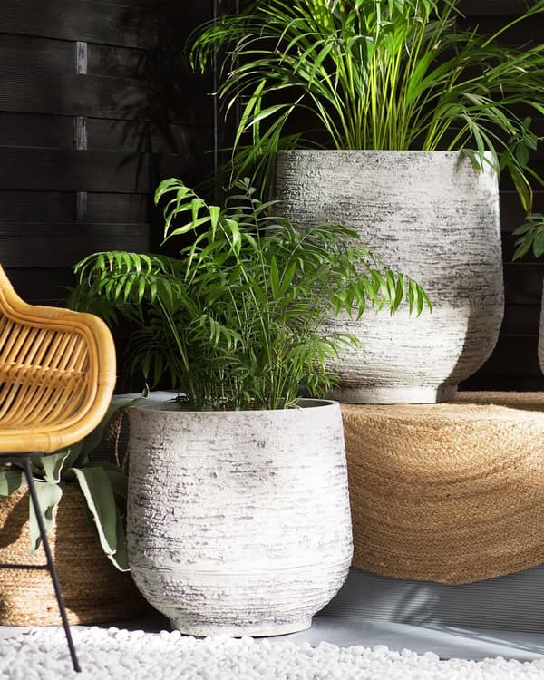 Plantekrukke i Grå Fiber Ler 48 x 53 x 32 cm Stor Rund Urtepotteskjuler til Gulv med Afløbshuller Indendørs Udendørs Terrasse Have Indretning