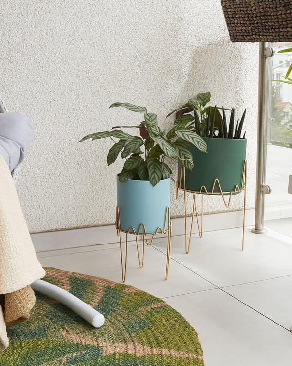 Plantestativ Blå med Guldjern 19 x 19 x 39 cm Trommeformet Inde- og Udendørs Urtepotte Moderne Industrielt Design