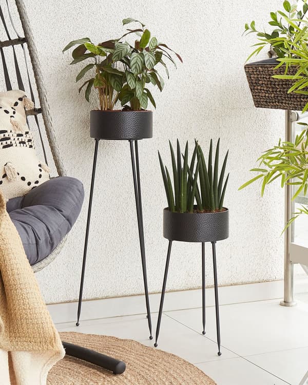Plantestativ Sort Pulverlakeret Jern 29 x 26 x 50 cm Inde- og Udendørsbrug Trommeformet UV-resistent Moderne industriel Stående Plantekasse