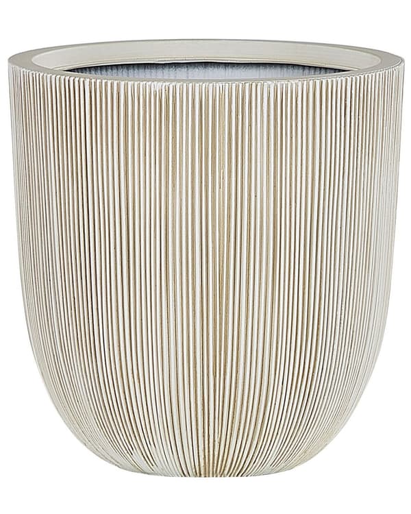 Urtepotteskjuler Beige Polyresin 44 x 44 x 48 cm Rund Blomsterkrukke Rillet Mønster med Afløbshuller til Udendørs Indendørs UV Modstandsdygtig
