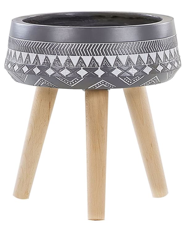 Plantekrukke Grå Magnesium Lyst Bøgetræ 35 x 35 x 14 cm Stor Rund Urtepotteskjuler på Ben Håndmalet Afrika Stil Tilbehør Indendørs Dekoration