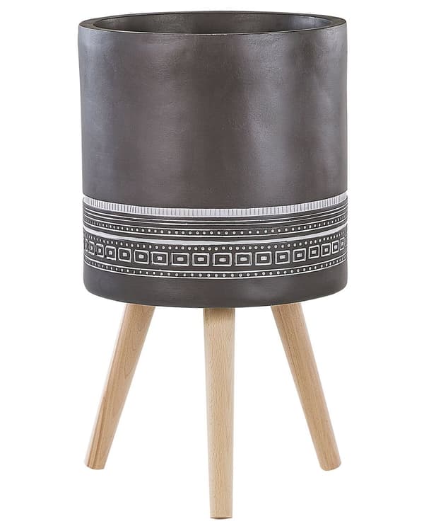 Blomkruka Grå Magnesium ⌀ 34 cm med vitt handmålat mönster och 3 ben i bokträ Rund Boho-kruka för inomhus och utomhusbruk