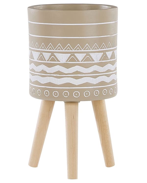 Kruka Beige Keramik 30 x 30 cm Rund Ben i massivt trä Modern skandinavisk Hög kruka