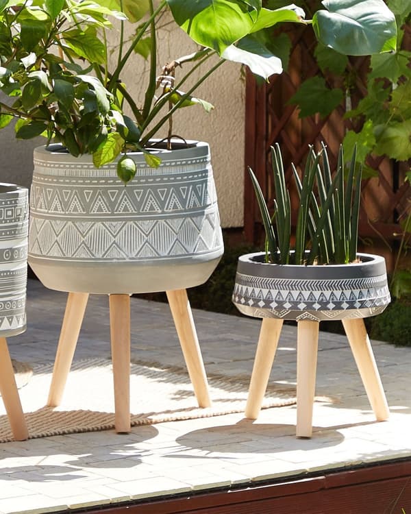 Blomkruka Grå 35 x 35 x 14 cm med 3 träben Rund Boho Inomhus Utomhus