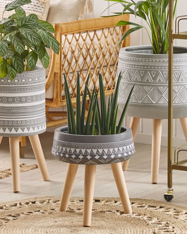 Blomkruka Grå 35 x 35 x 14 cm med 3 träben Rund Boho Inomhus Utomhus