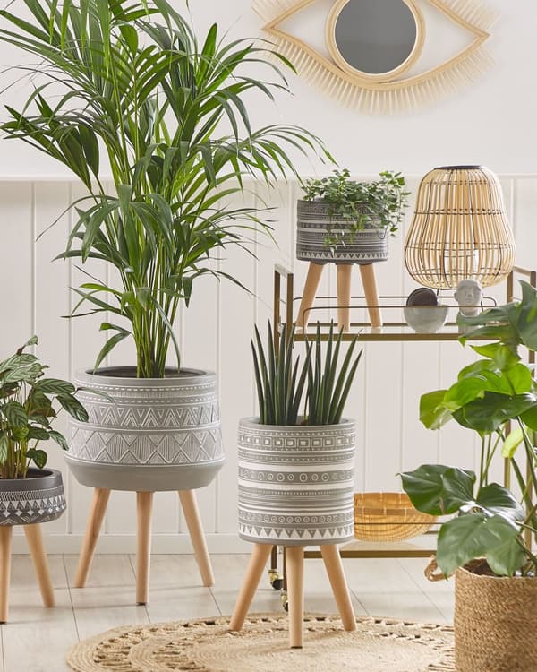 Blomkruka Grå Magnesium Trä ⌀ 21 cm Vit Handmålat mönster 3 ben i bokträ Rund Boho för inomhus- och utomhusbruk