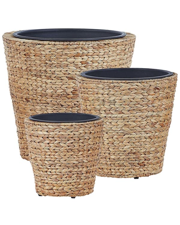 Set med 3 Krukor Naturlig Vattenhyacint Väv Runda Syntetiska Insatser Inomhus Utomhus Boho Rustik Stil