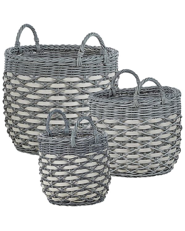 Kurve Grå Hvid Rattan Plastik Sæt 31 x 39 x 49 cm Opbevaringskurve Flet Urtepotteskjuler Tilbehør Planter Indendørs Udendørs med Bærehåndtag