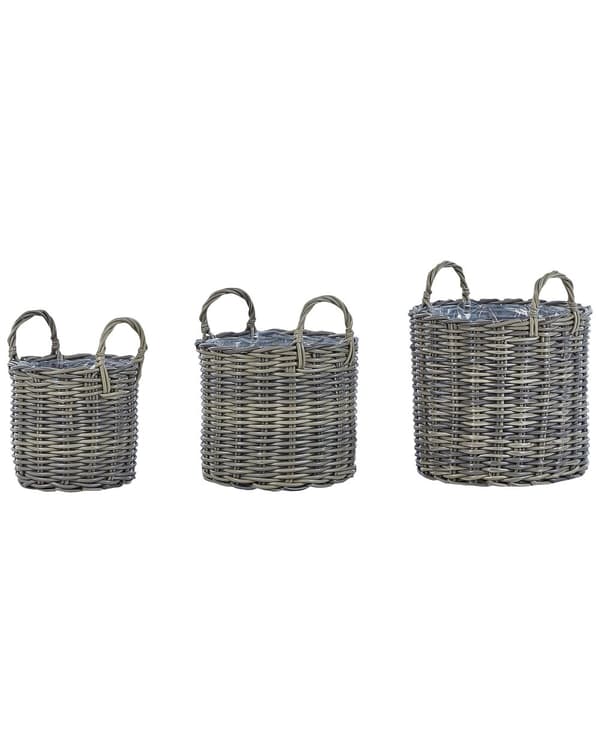 Kurve Taupe Rattan Sæt 37 / 40 / 45 cm Runde Fletkurve med Hank til Udendørs Blomster Plantekurve Have Terrasse Tilbehør Urtepotteskjuler