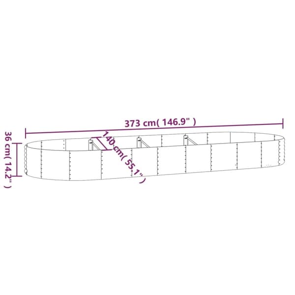 vidaXL Høybed pulverlakkert stål 373x140x36 cm sølv