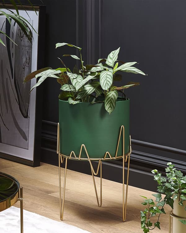 Plantestativ Grønn med Gullfarget Jern 28 x 28 x 50 cm Innendørs Utendørs Metallblomsterkrukke UV-bestandig Moderne Industriell Stående Planter