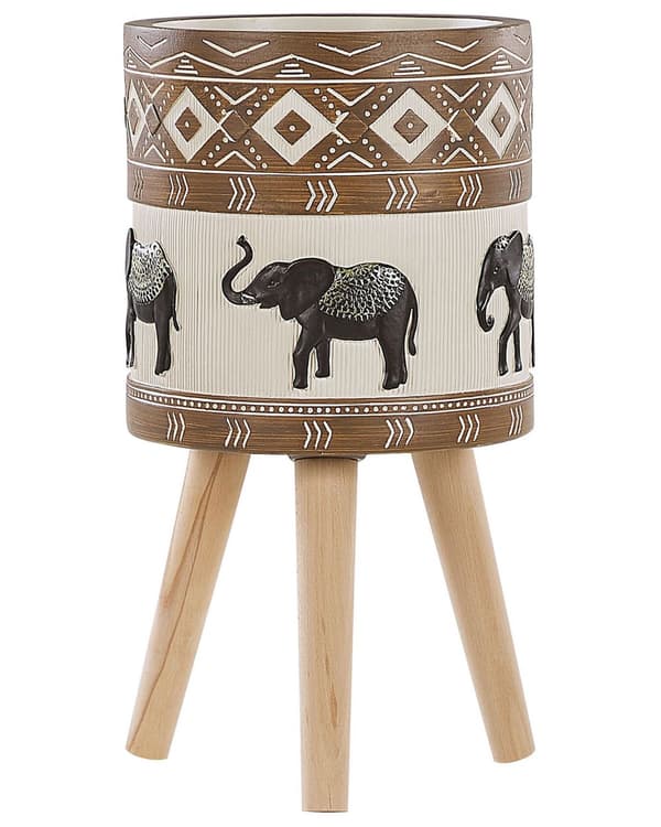 Plantestativ Brun Beige Svart Magnesium Solid tre 30 x 30 x 31 cm Rustikk Elefantmotiv Utendørs Innendørs
