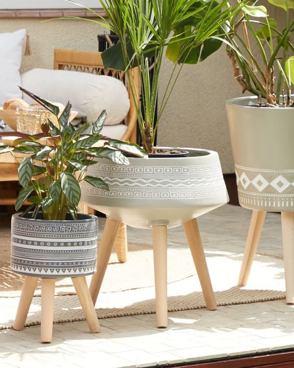 Plantestativ Lysegrå Magnesium Rund 42 x 42 x 26 cm Massiv Trebase Moderne Boho Høy Plantepotte Planter