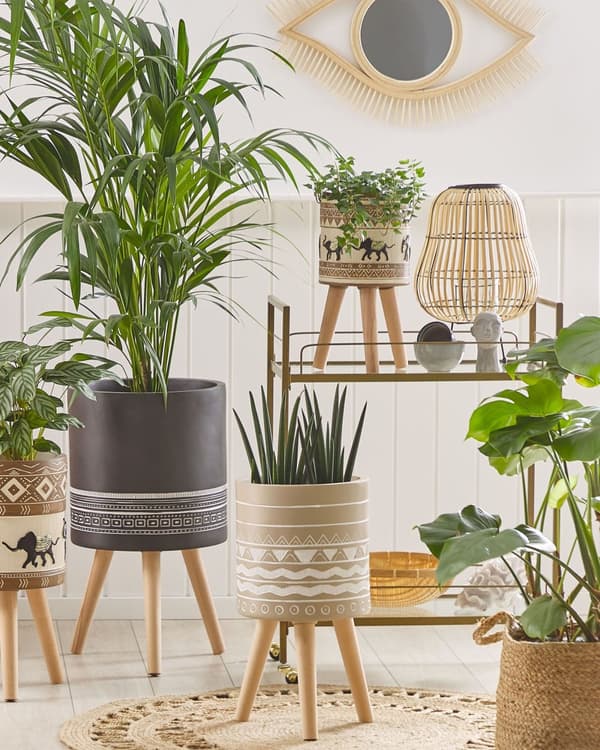 Plantestativ Beige Keramikk Rund 30 x 30 cm Ben i massivt tre Moderne Skandinavisk Høy Plantekrukke Plantekrukke