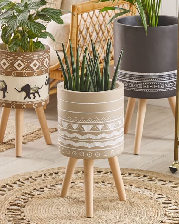 Plantestativ Beige Keramikk Rund 30 x 30 cm Ben i massivt tre Moderne Skandinavisk Høy Plantekrukke Plantekrukke