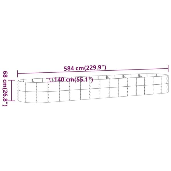 vidaXL Høybed pulverlakkert stål 584x140x68 cm sølv