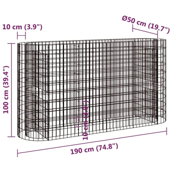 vidaXL Planteringsgabion galvaniserat järn 190x50x100 cm