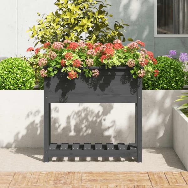 vidaXL plantekasse med hylde 82,5x34,5x81 cm massivt fyrretræ grå