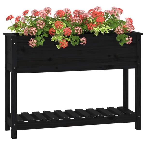 vidaXL plantekasse med hylde 111,5x34,5x81 cm massivt fyrretræ sort