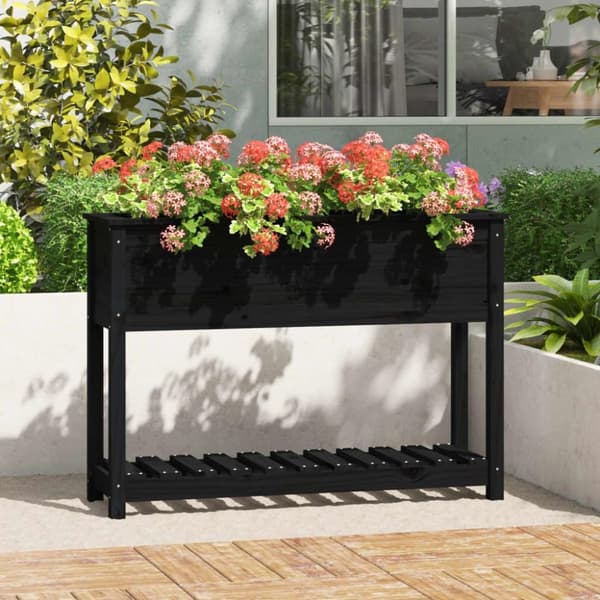 vidaXL plantekasse med hylde 111,5x34,5x81 cm massivt fyrretræ sort