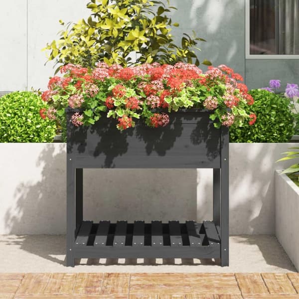 vidaXL plantekasse med hylde 82,5x82,5x81 cm massivt fyrretræ grå