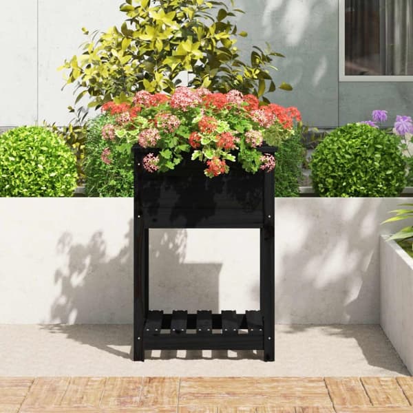 vidaXL plantekasse med hylde 54x54x81 cm massivt fyrretræ sort