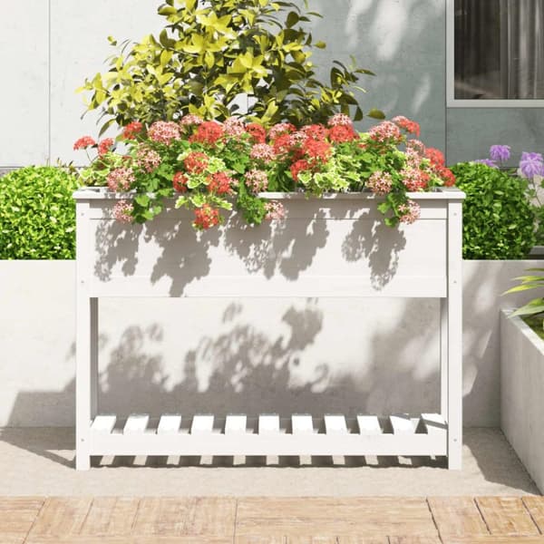 vidaXL plantekasse med hylde 111,5x34,5x81 cm massivt fyrretræ hvid