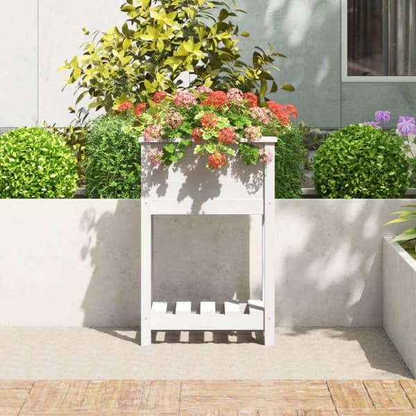 vidaXL plantekasse med hylde 54x34,5x81 cm massivt fyrretræ hvid