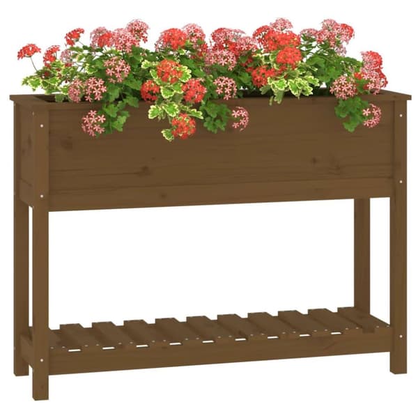 vidaXL plantekasse med hylde 111,5x34,5x81 cm massivt fyrretræ brun