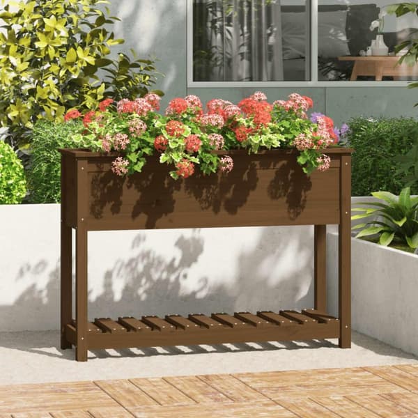 vidaXL plantekasse med hylde 111,5x34,5x81 cm massivt fyrretræ brun