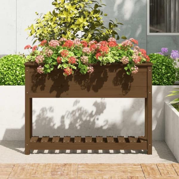 vidaXL plantekasse med hylde 111,5x34,5x81 cm massivt fyrretræ brun