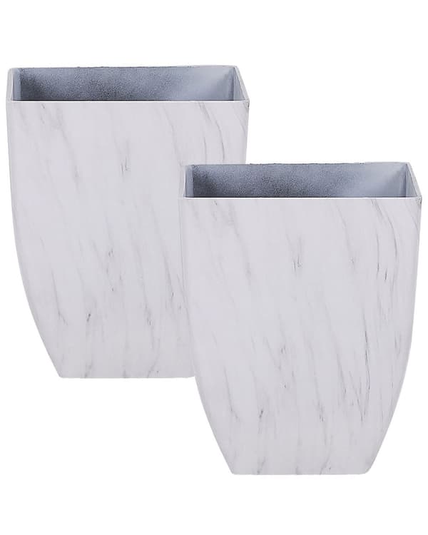Sett med 2 Blomsterpotter Hvit 35 x 35 x 42,5 cm Marmoreffekt Steinblanding Moderne Firkantet Design Innendørs Utendørs
