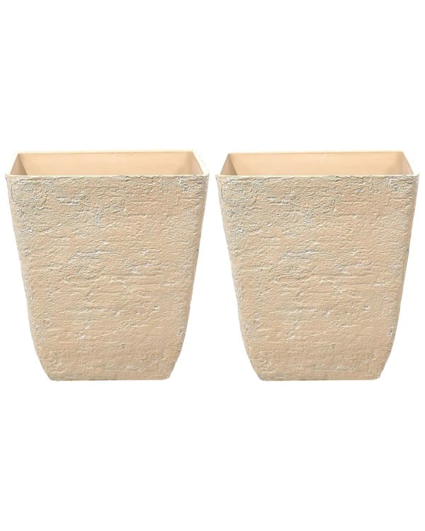 Sett med 2 Plantepotter Beige Stein Polyresin 49 x 49 x 53 cm Innendørs Utendørs Firkant
