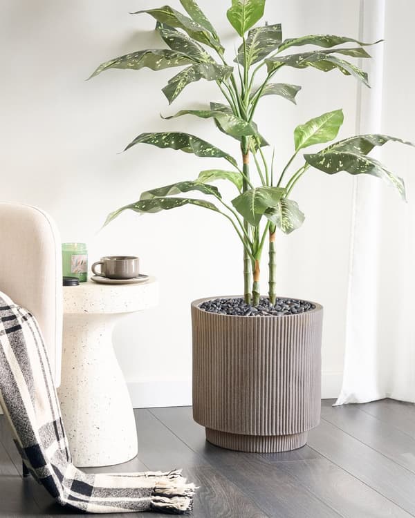 Plantekrukke Taupe Fiber Ler ø 37 cm Rund Havekrukke med Riller Design Stor Udendørs Krukke Frostsikker til Haven