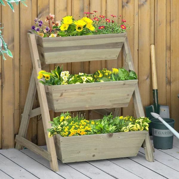 Rootz Trädgårdssäng - Upphöjd säng - Blomstege - Blomsterstege av trä - 3 hyllor Växtstege - Växtställ - Blomsterhylla - 71 x 61 x 77 cm
