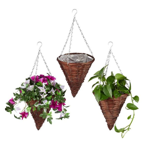 Relaxdays Hängande växtupphängning i 3-pack, handvävd korg av rotting, blomkruka HxD 30 x 25 cm, brun
