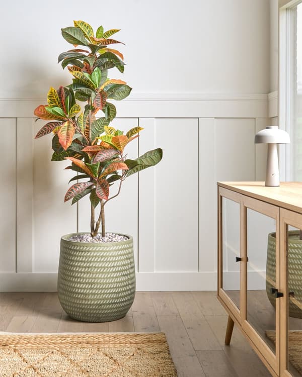 Blomsterpotte grønn fiberleire ⌀ 39 cm rund blomsterkrukke til utendørs bruk med preget mønster