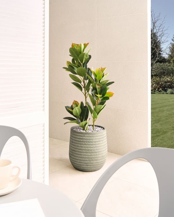 Blomsterpotte grønn fiberleire ⌀ 39 cm rund blomsterkrukke til utendørs bruk med preget mønster